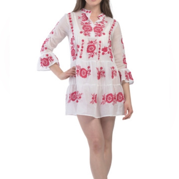 PQ Swim Embroidered White & Pink  Sheer Cover Up Mini Dress XS/S NWT - Picture 1 of 6